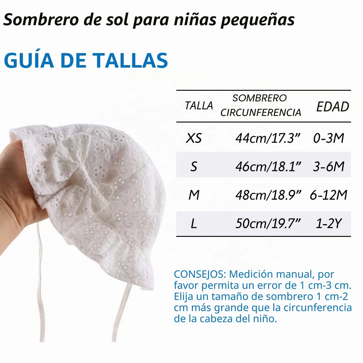 XIAOHAWANG - Gorro de Encaje para bebé o niña, algodón, Gorro de Sol, diseño de Nudo