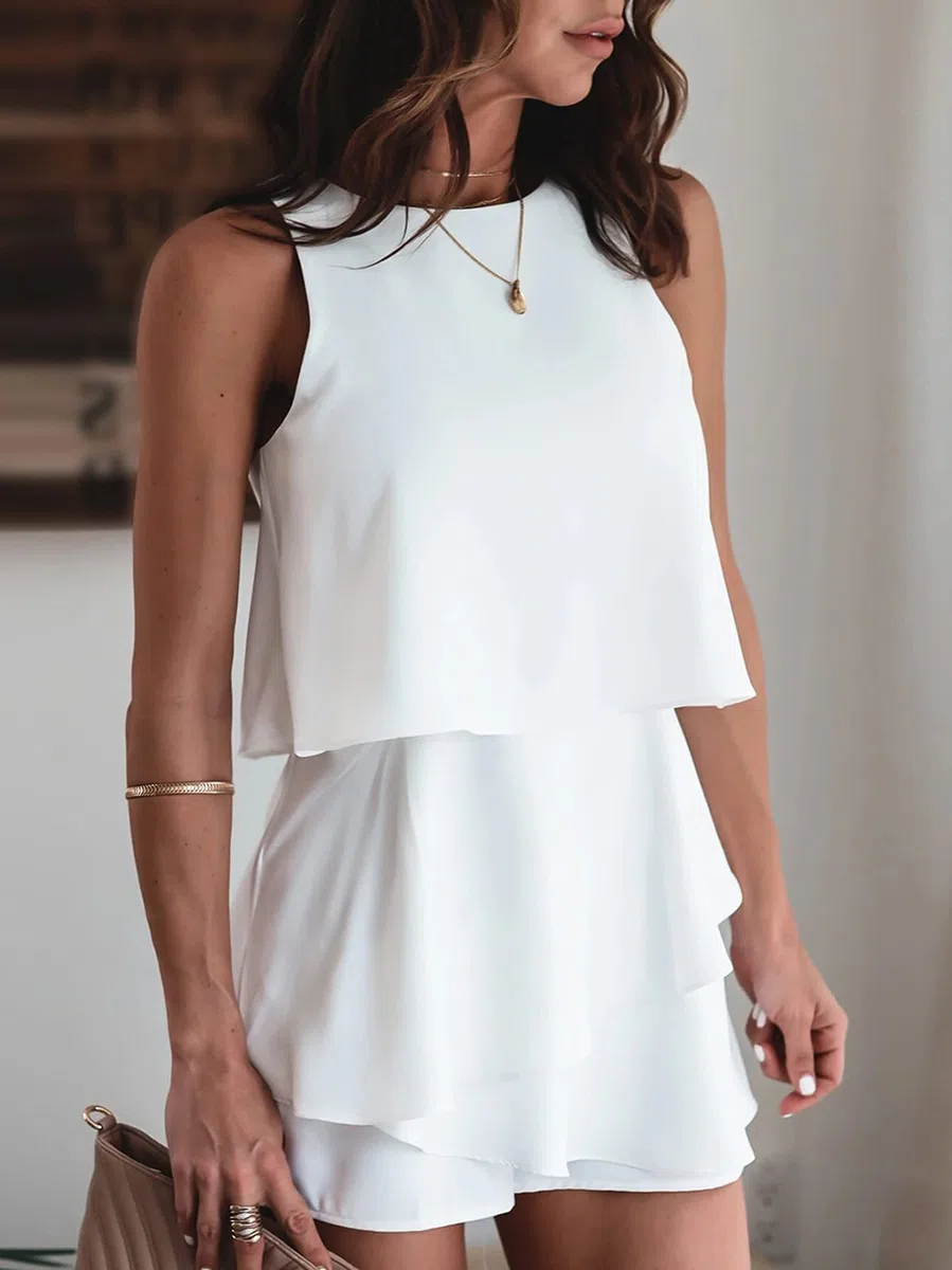 Tomwell Mono Corto Mujer Verano Sin Mangas Cuello Redondo Pantalón Color Sólido Jumpsuits Volante Irregular Playsuit