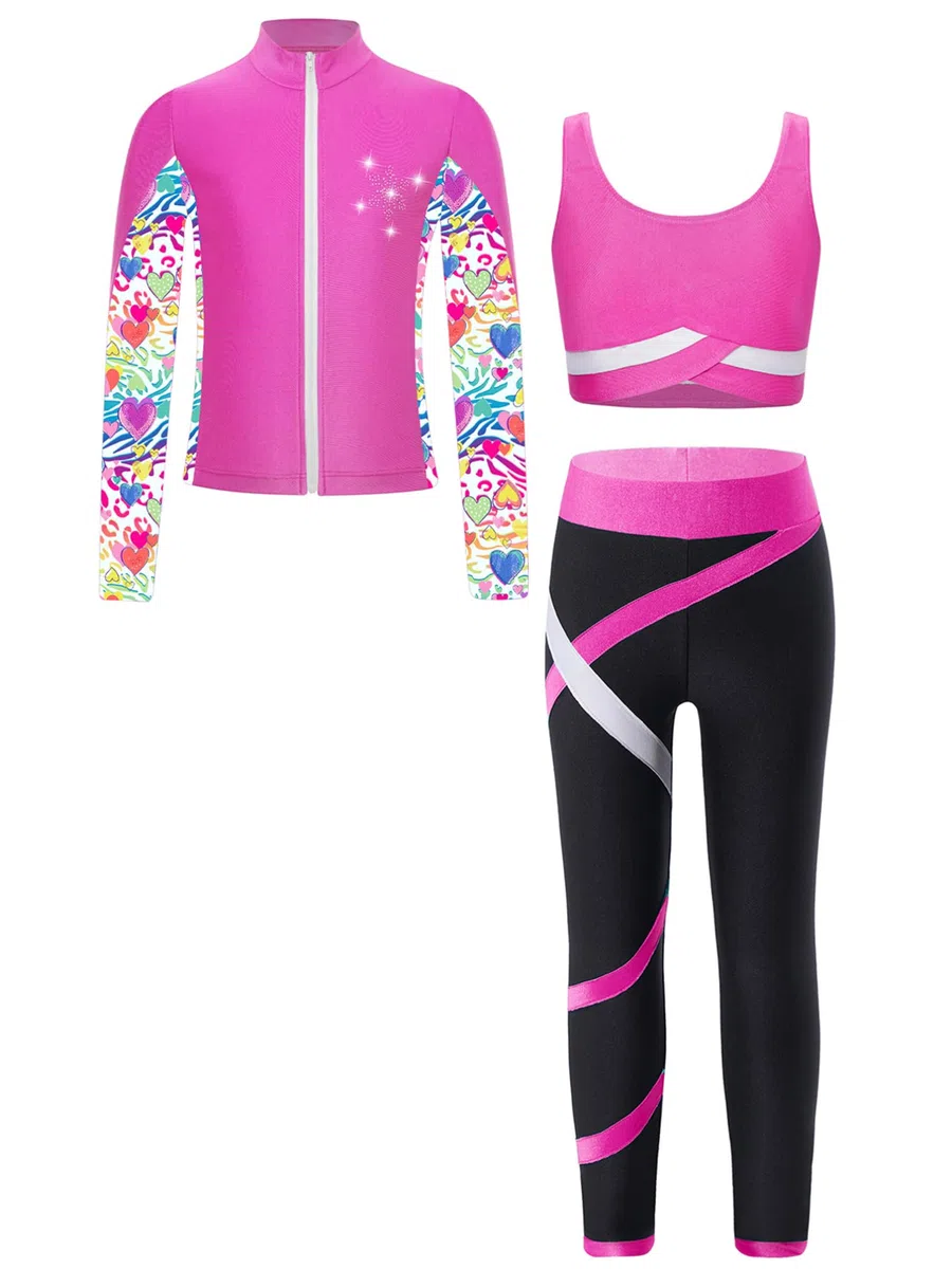 TiaoBug Conjunto Deportivo Para Niñas Chaqueta Manga Larga + Chaleco Sin Mangas + Leggings Traje De Gimnasia Rítmica Entrenamiento Rosa caliente 5-6 años