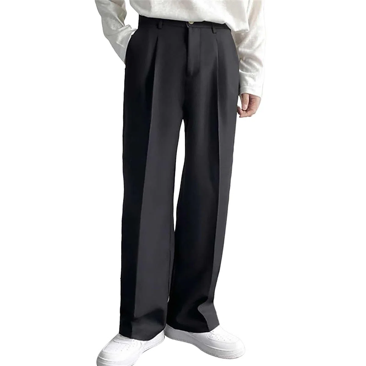 Traje formal para hombre con bolsillos inclinados, tubo recto, ajuste holgado, color sólido, cómodo, a la moda, casual, pantalones de memoria