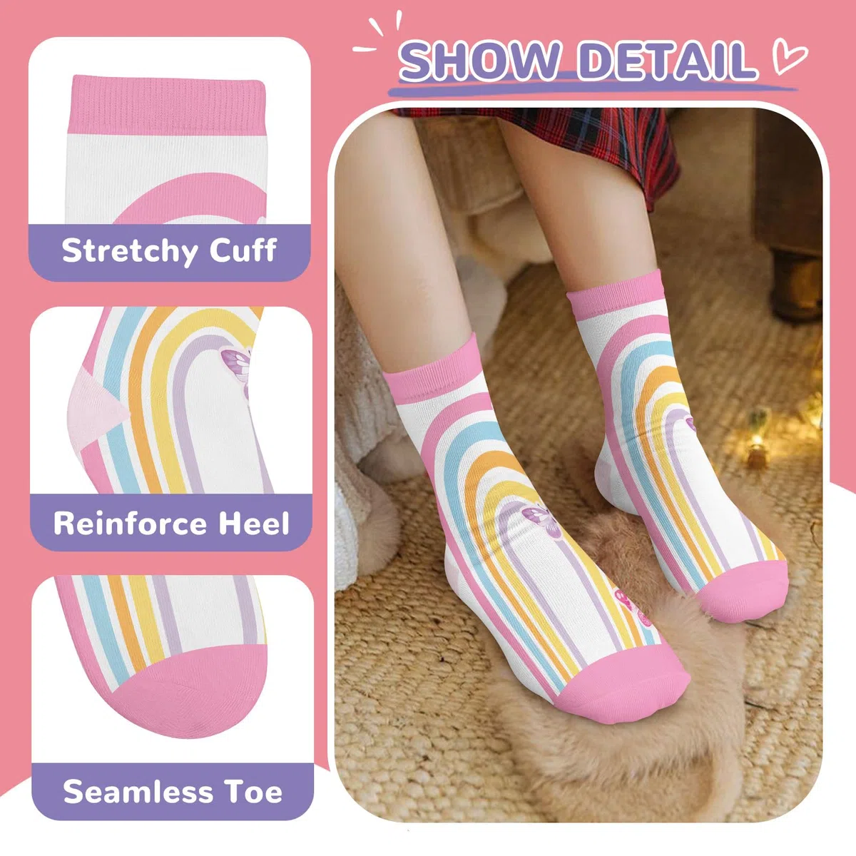 6 Pares Calcetines Niñas Infantiles con Patrones Coloridos Lindas Mariposas y Rayas de Arco Iris Calcetín Crew Tobilleros Suaves Regalos 3-14 años Tamaño 26-38