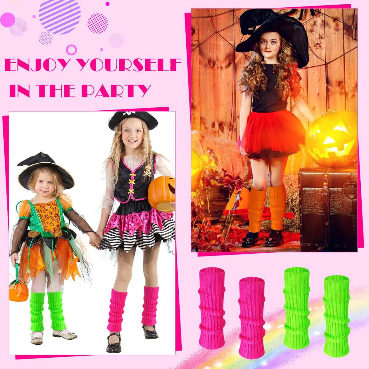 Giegxin 4 pares de calentadores de piernas de neón de Halloween para niñas y niños pequeños, calcetines de punto acanalado de los años 80, accesorios para fiesta de yoga
