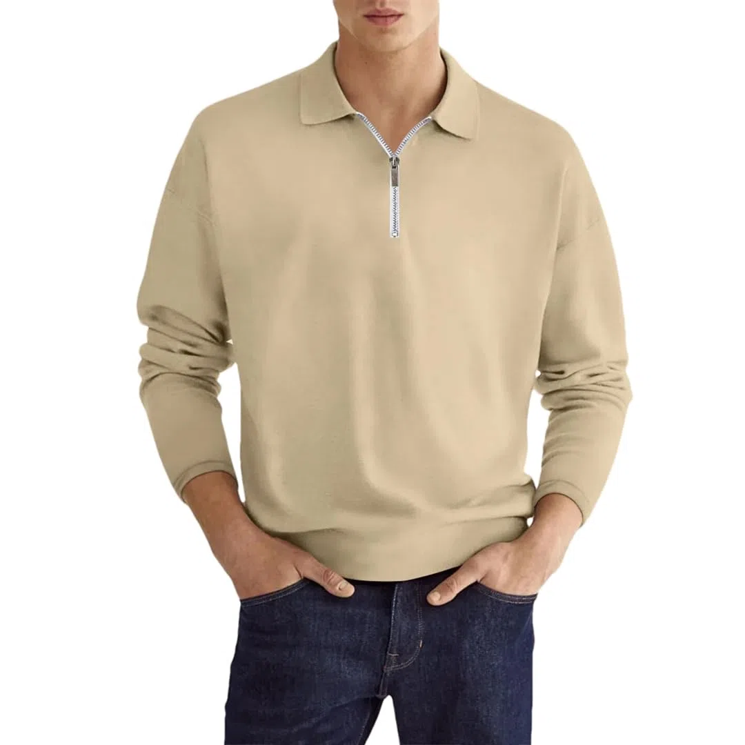 Rfmfkkg Polo de manga larga con cremallera de color sólido para hombre, estilo casual