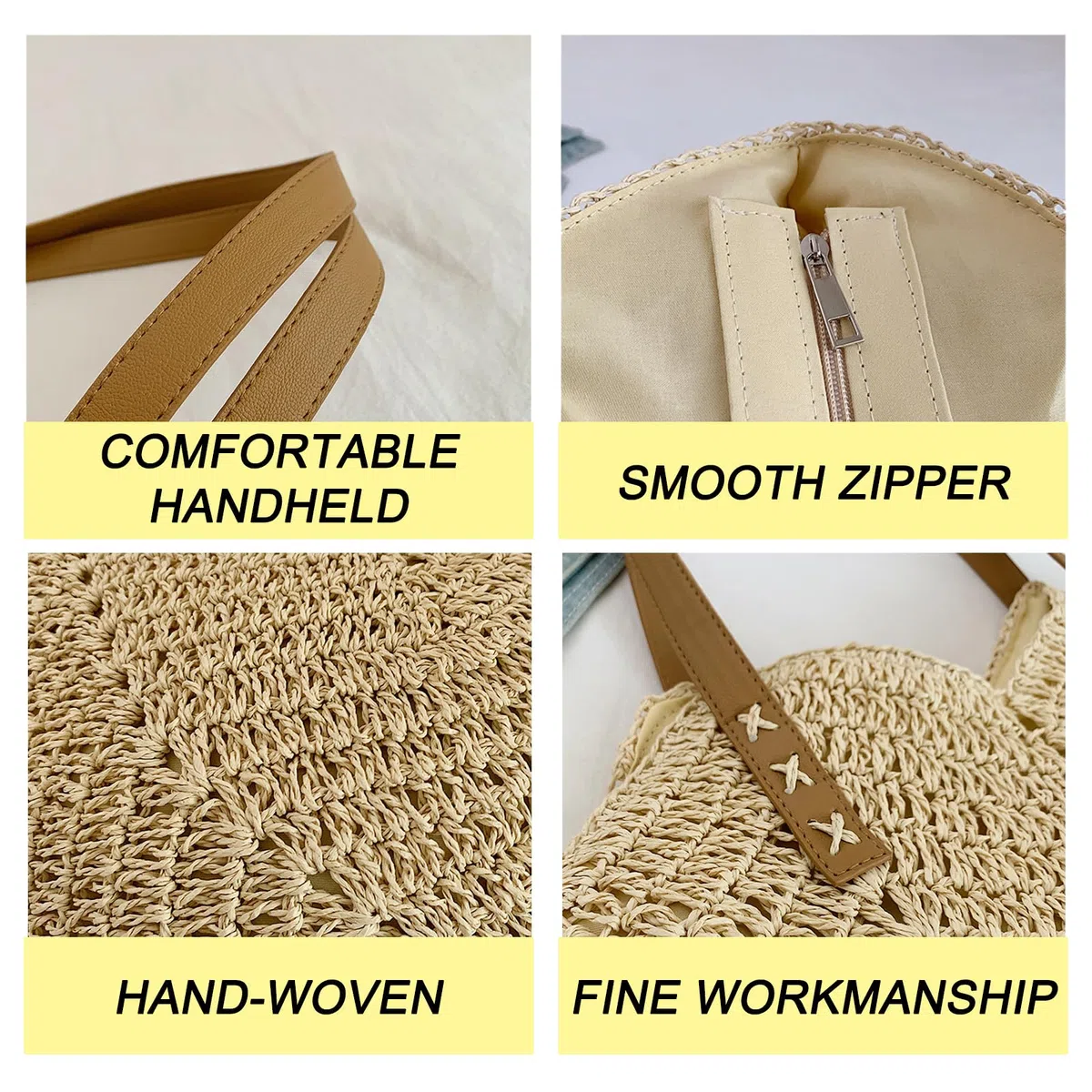 Bolso de Hombro de Paja, Bohemio Casual Bolso de Playa de Verano, Grande con Cremallera, Verano Bohemio Monederos Mujer, para Viajes A La Playa, Vacaciones, Citas