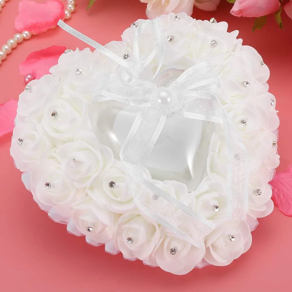 Almohada de Anillo de Boda, Caja de Anillo de Boda para Portador de Anillo en Forma de Corazón para Compromiso de Propuesta, Caja de Anillo de Corazón de Boda de Rosa de Cristal de Encaje(Blanco)