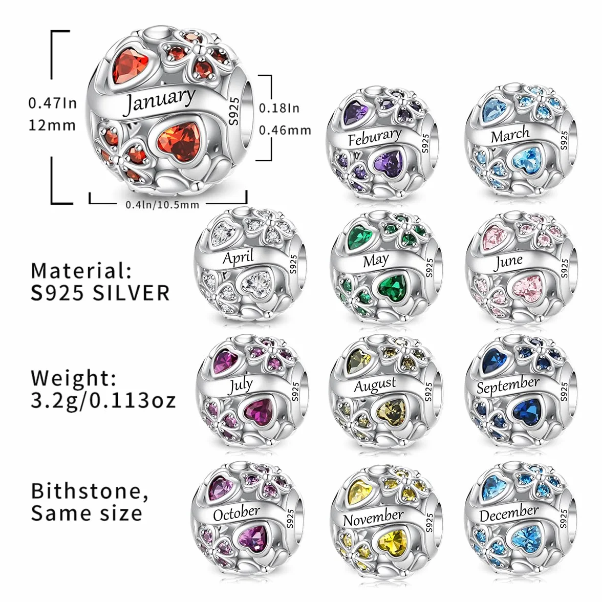 LNQOBU Colgante de plata 925 Birthstone Charms Abalorios,Dije Trébol de la Suerte Heart Pendant,Regalo de Cumpleaños, Joyas para Mujer