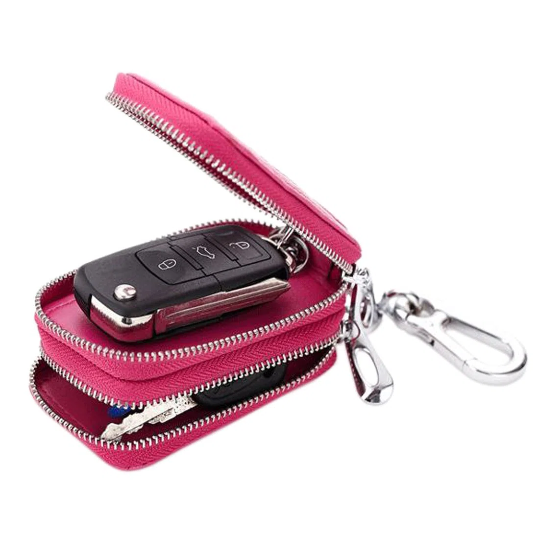 Funda Unisex de piel con cremallera para llaves de coche rosa hot pink
