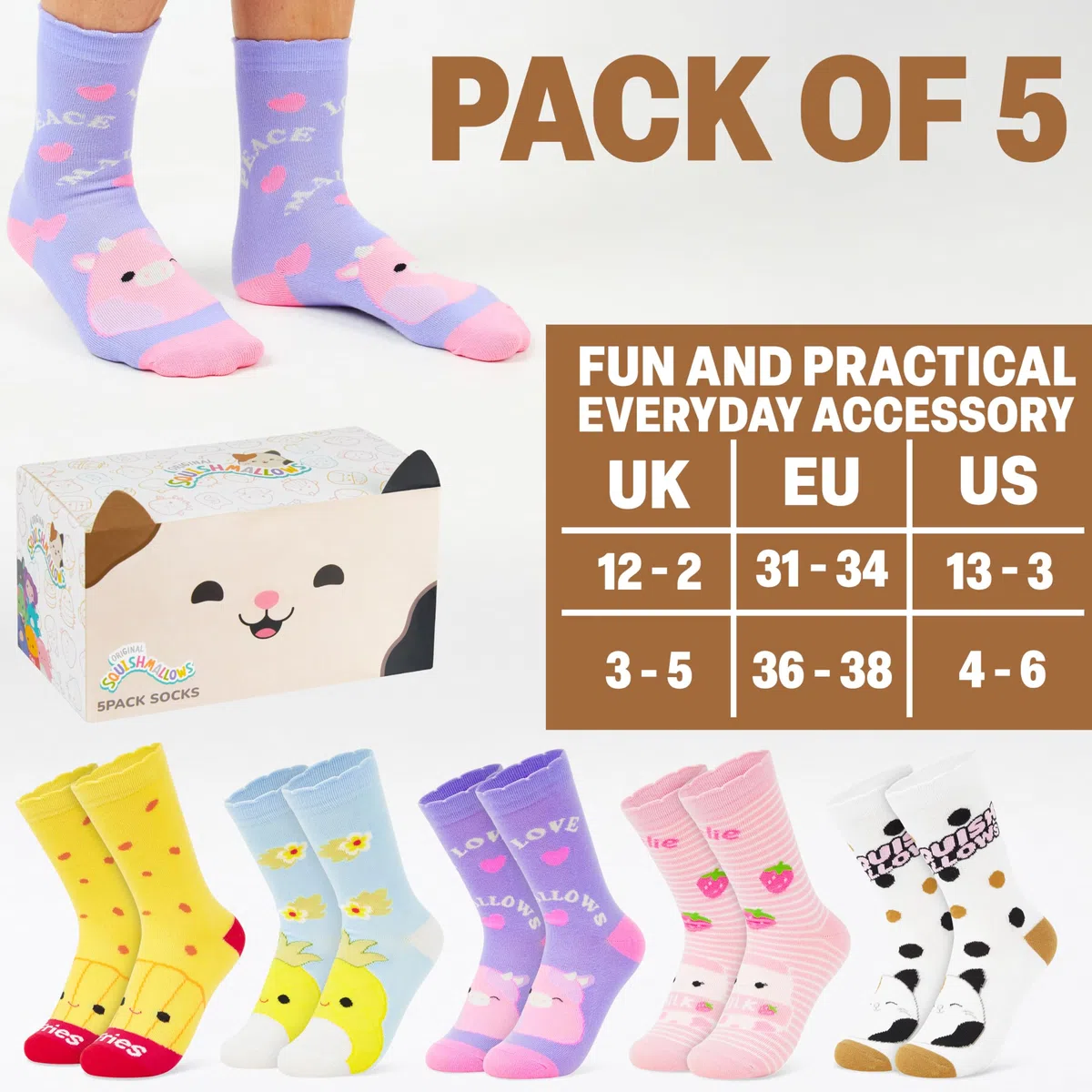 Squishmallows Calcetines Niña y Adolescentes Divertidos, Pack 5 Calcetines Transpirables Invierno Colores, Regalos Originales
