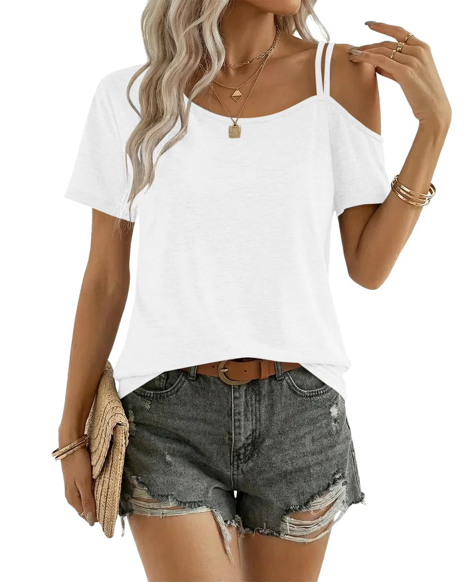 PLMOKEN Camiseta Hombros Descubiertos Mujer Verano Manga Corta Top de Hombro Asimétrico Casual