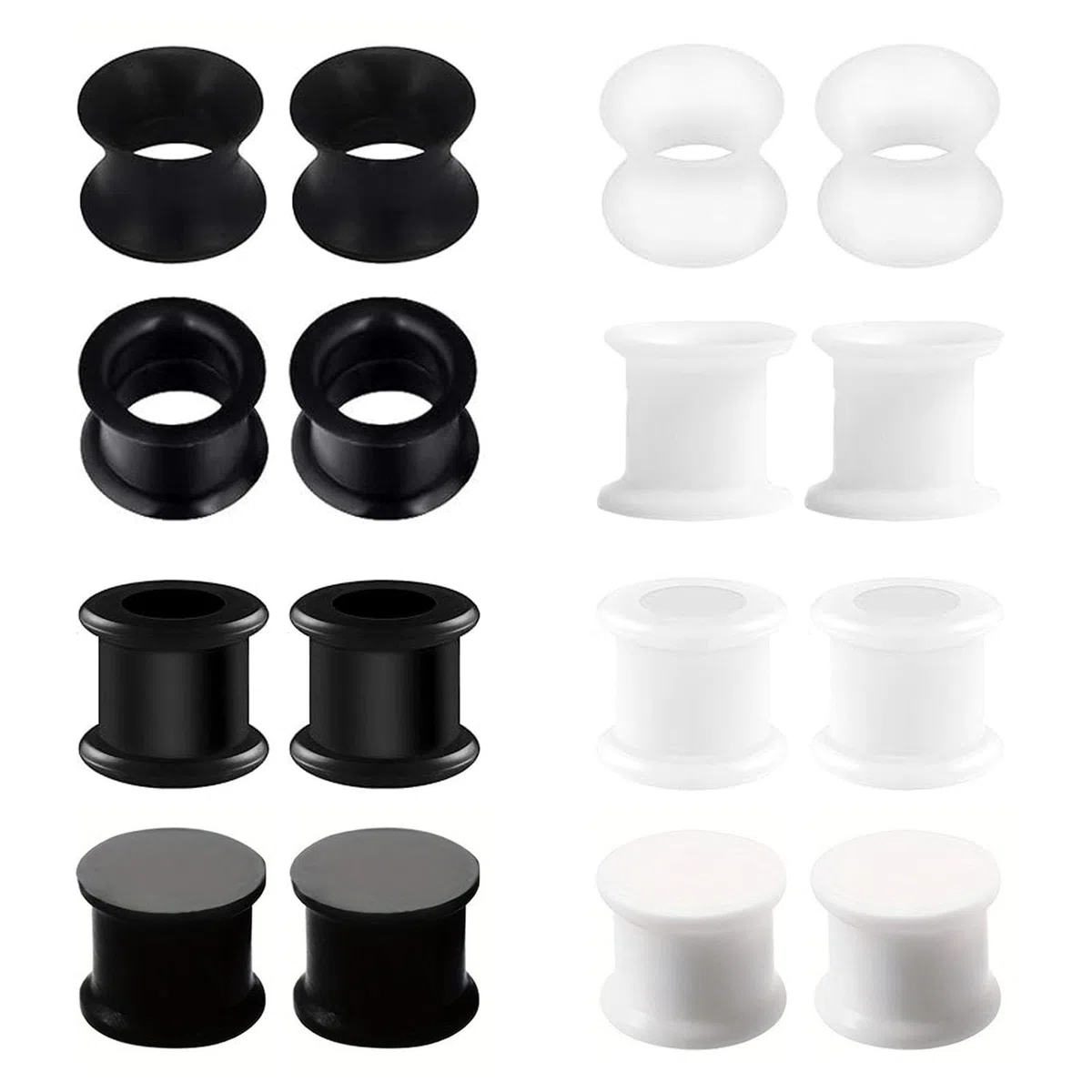 8 pares de dilatadores de silicona para los oídos, 3-25 mm, flexibles, de doble acampanado, para hombre y mujer - Negro y blanco