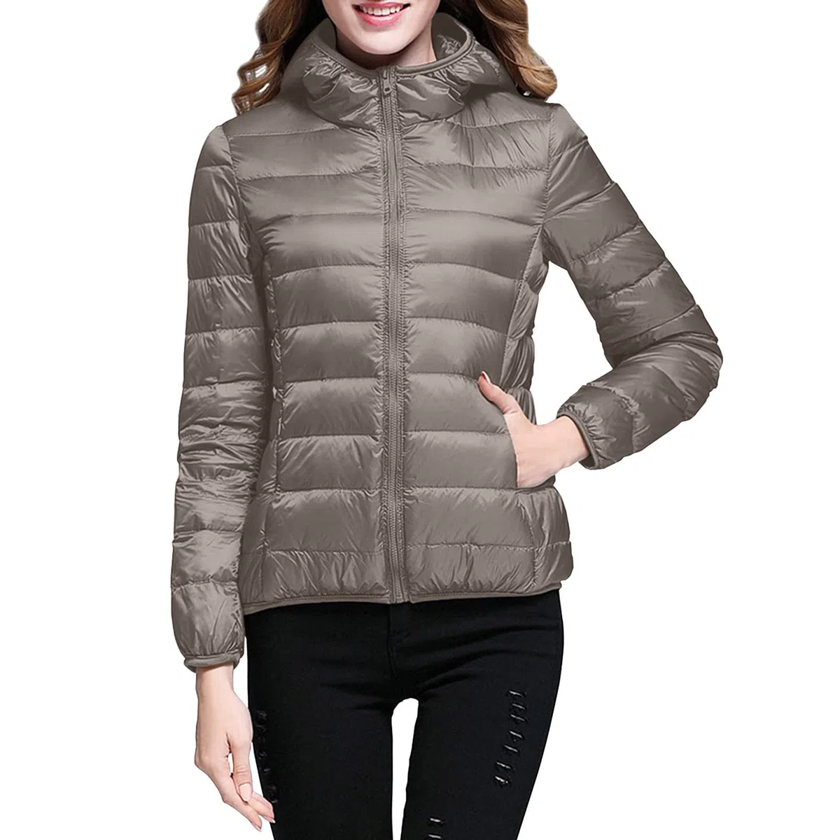 SkotO Chaqueta cálida y ligera de plumas para mujer, chaqueta deportiva de entretiempo con puños, acolchada, corta, plegable, de invierno y otoño, con capucha, de algodón con cremallera y manga larga