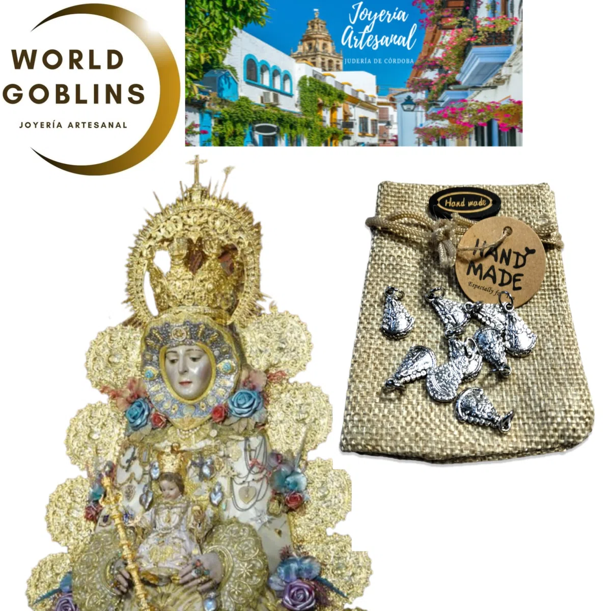 Medalla Virgen del Rocío 10 Colgantes Chapados en Plata de Ley 925/1000 + Bolsa Yute Artesanal Hechas a Mano, Joyería Religiosa, Fabricado en España