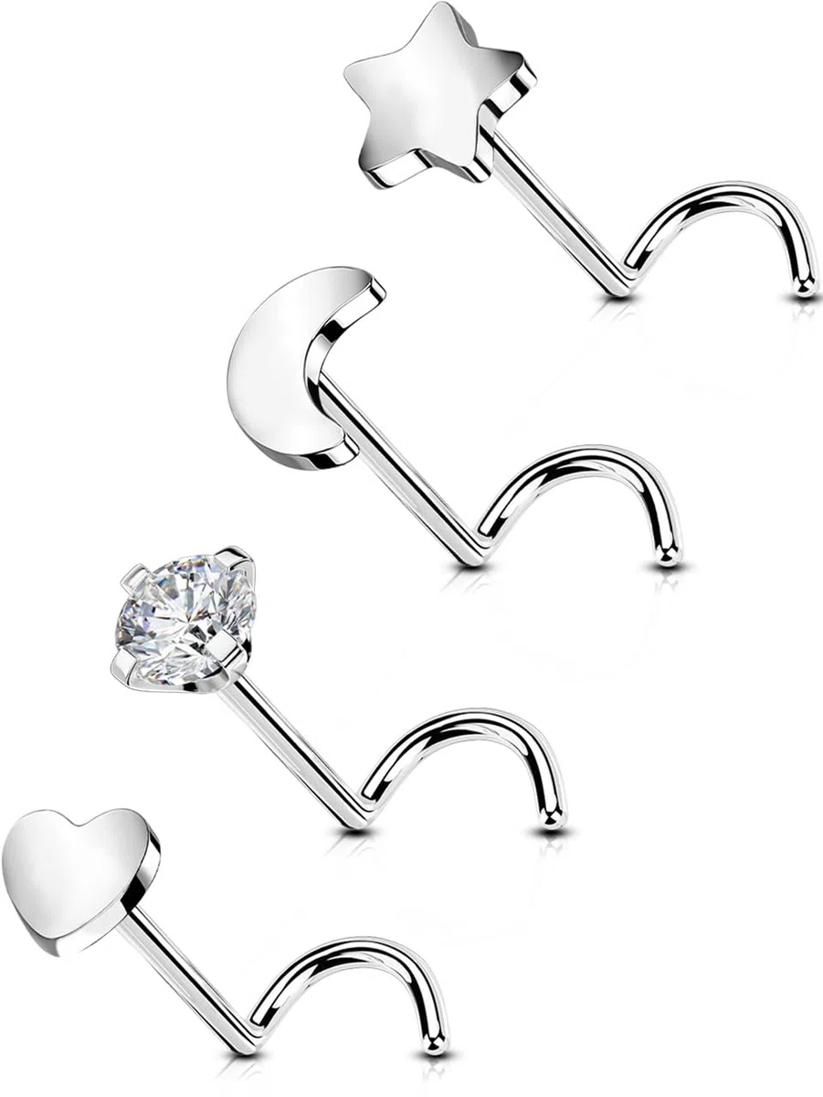 OUFER Piercing de nariz de titanio G23 de 20 g, 4 unidades, en forma de S, joyería de nariz de circonita cúbica transparente, tornillo de nariz de 7 mm, piercing de nariz con forma de corazón,