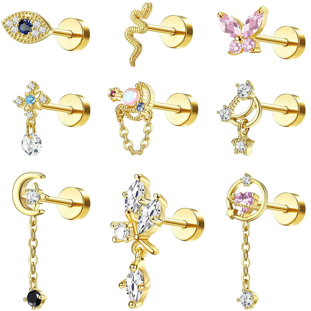 Kakonia 9 aretes de tuerca para mujer, aretes de cartílago de 16 g, corazón y estrella de circonita cúbica, aretes colgantes de mariposa de acero inoxidable, aretes de espalda plana, serpiente, mal de
