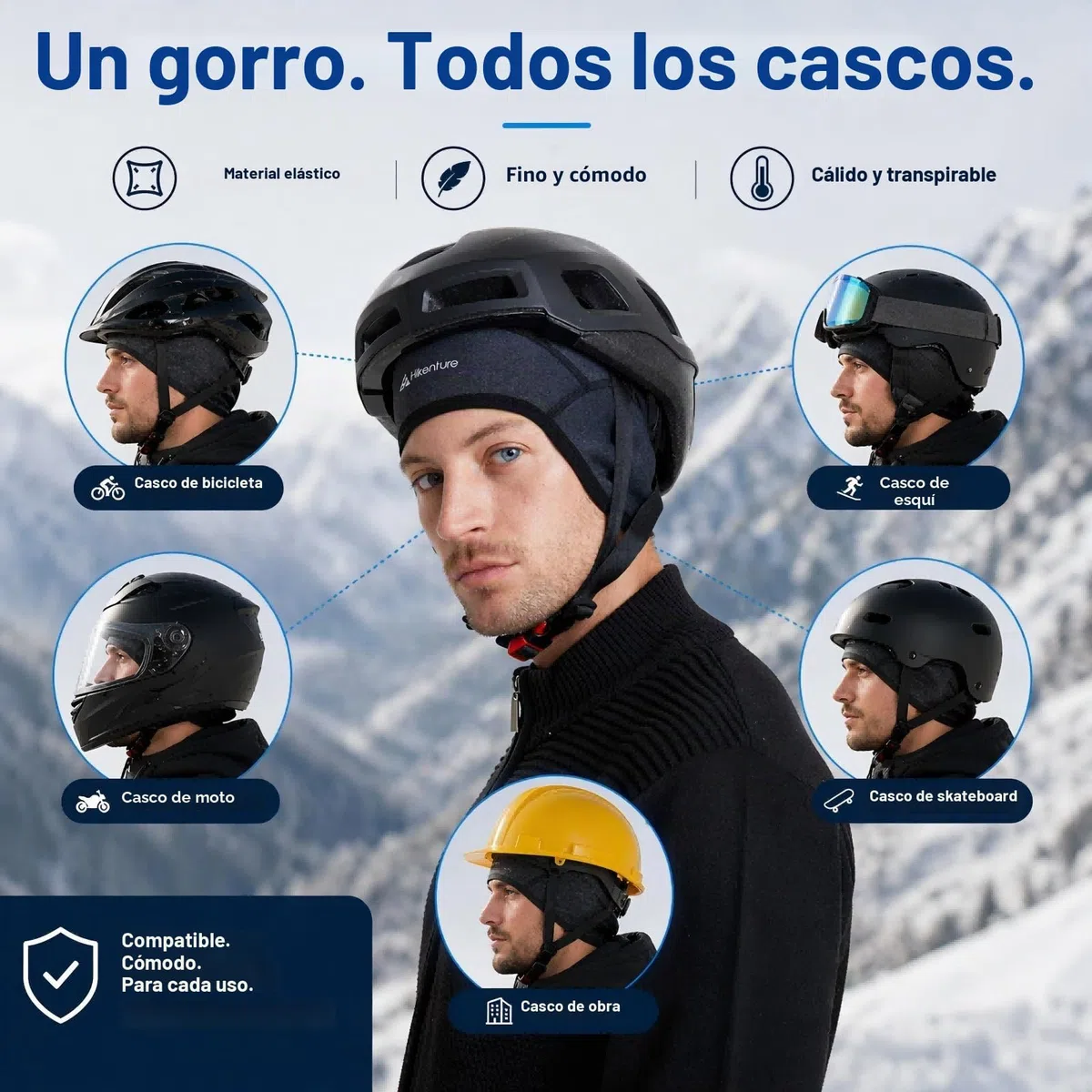 HIKENTURE Gorro de Invierno Resistente al Viento para Bicicleta | Interior para Casco de Bicicleta y Esquí | Hombre/Mujer