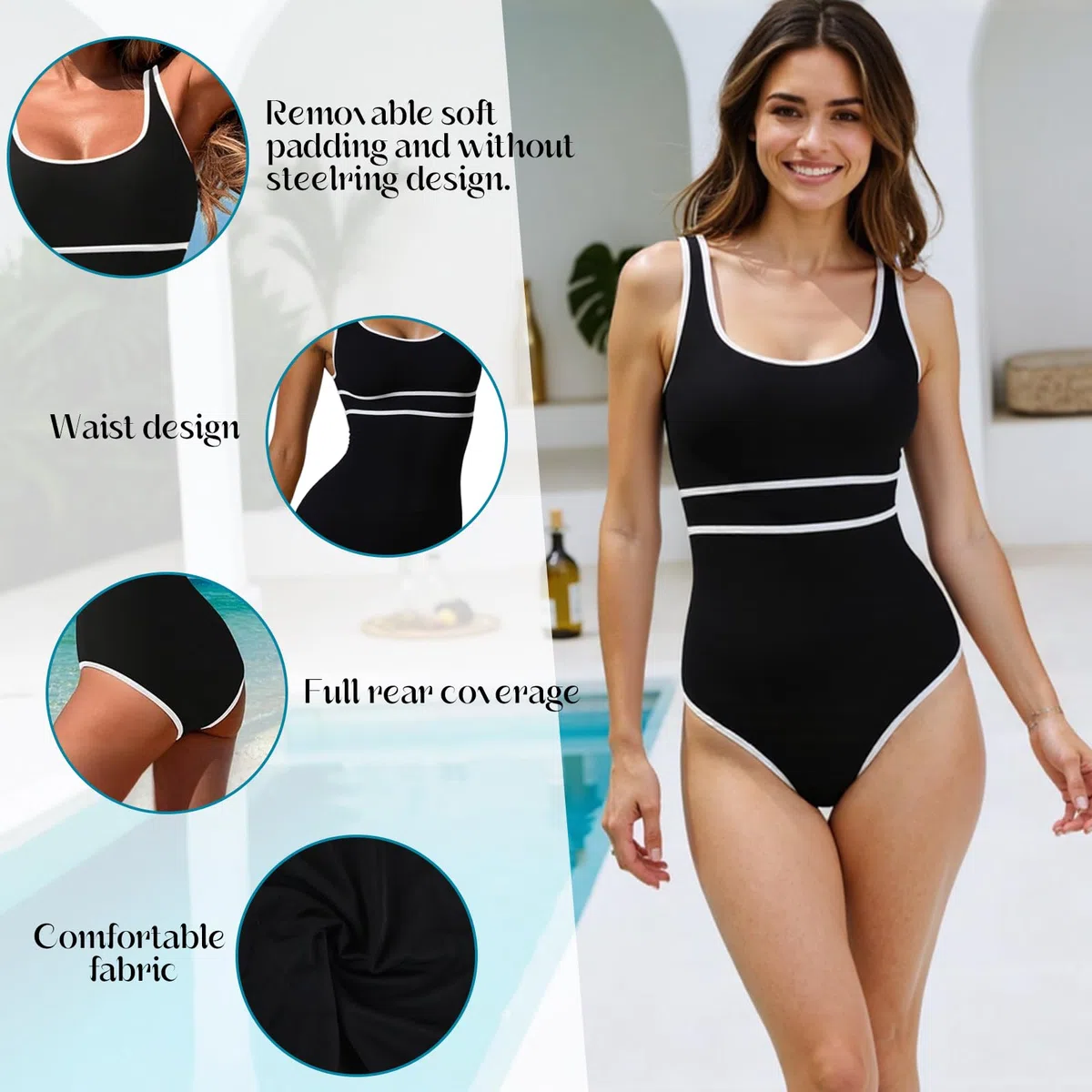 Traje de Baño para Mujer, Traje de Baño de Una Deportivo Monokini, Sexy Push Up Monokini de Rayas Swimwear Beachwear para Playa Piscina Vacaciones