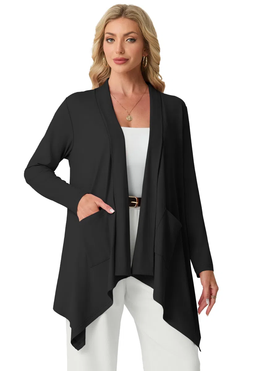 GRECERELLE Cárdigan ligero para mujer sin botones, elegante de verano, manga larga, cárdigan, cárdigan, informal, abrigo de punto con bolsillo, dobladillo alto y bajo