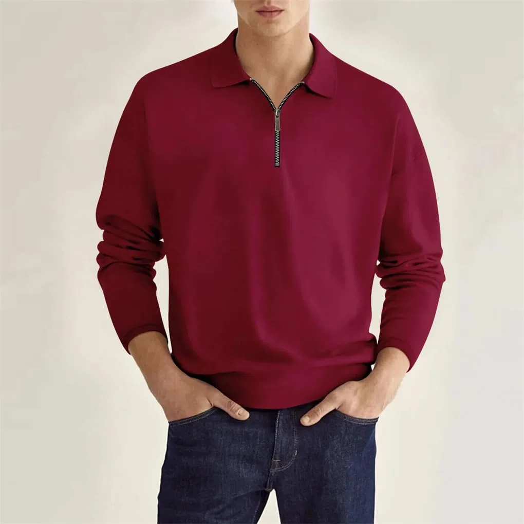 Rfmfkkg Polo de manga larga con cremallera de color sólido para hombre, estilo casual