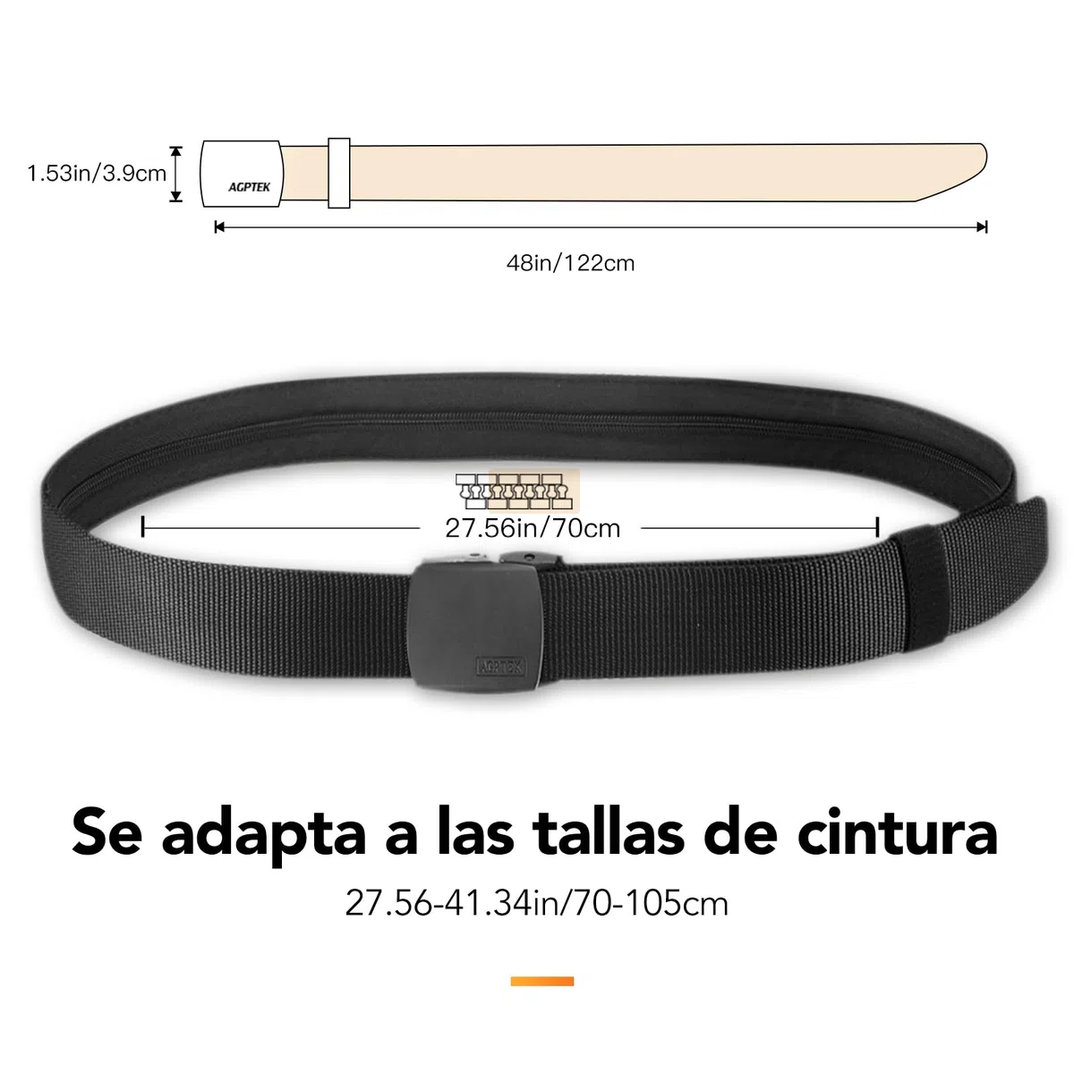 AGPTEK Cinturón de Viaje Antirrobo con Bolsillo Secreto, Hebilla de Metal y Cremallera Interior para Hombre, Negro