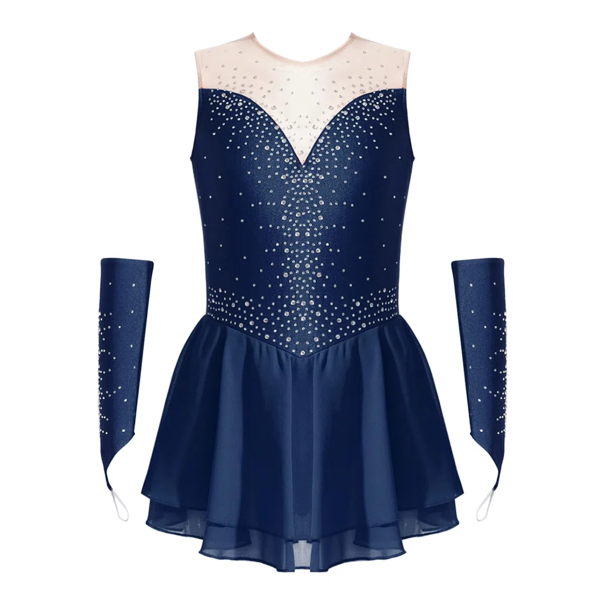 Vestido de patinaje artístico para niña (leotardo, vestido de baile con pedrería, con puños de competición, espectáculo