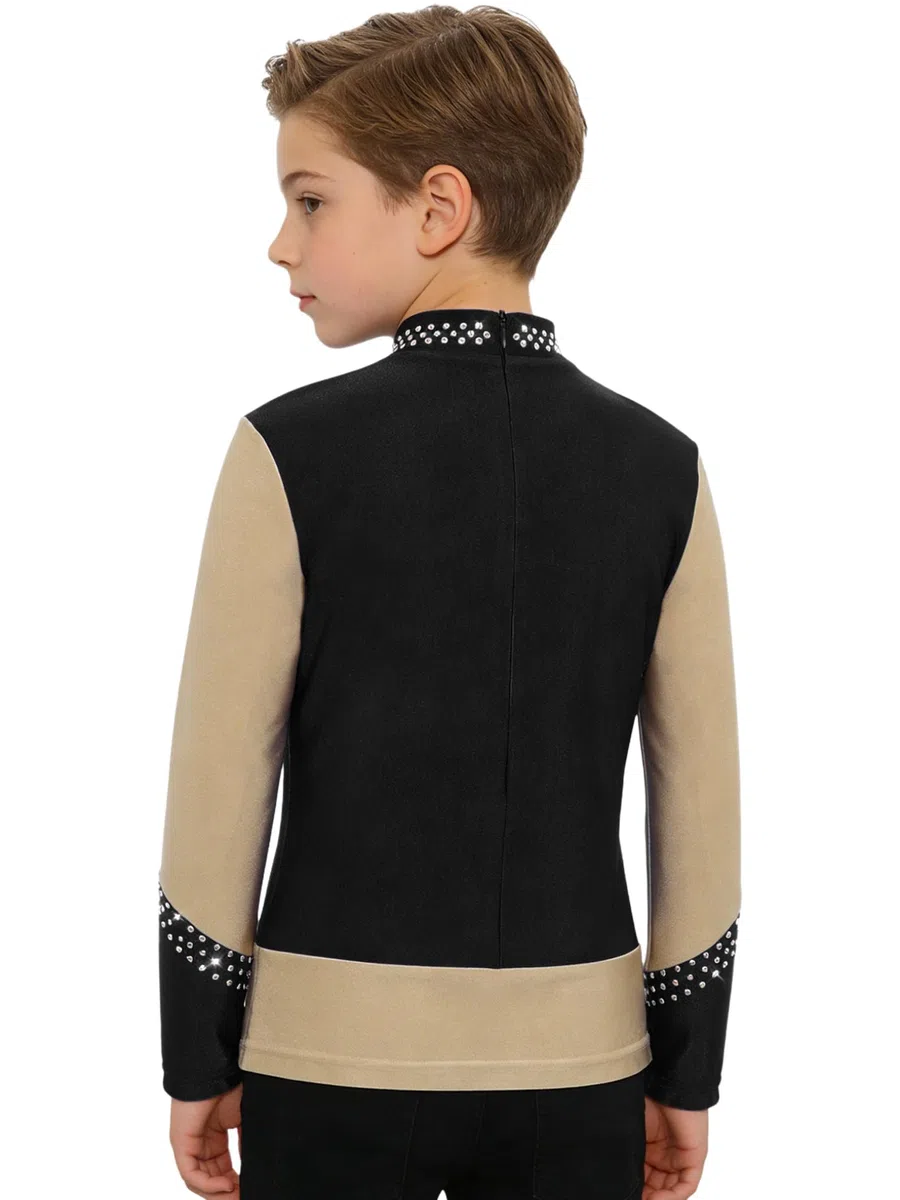 Freebily Camisas De Patinaje Artístico para Niño Top Brillante con Pedrería Cuello Alto Manga Larga Traje De Actuación