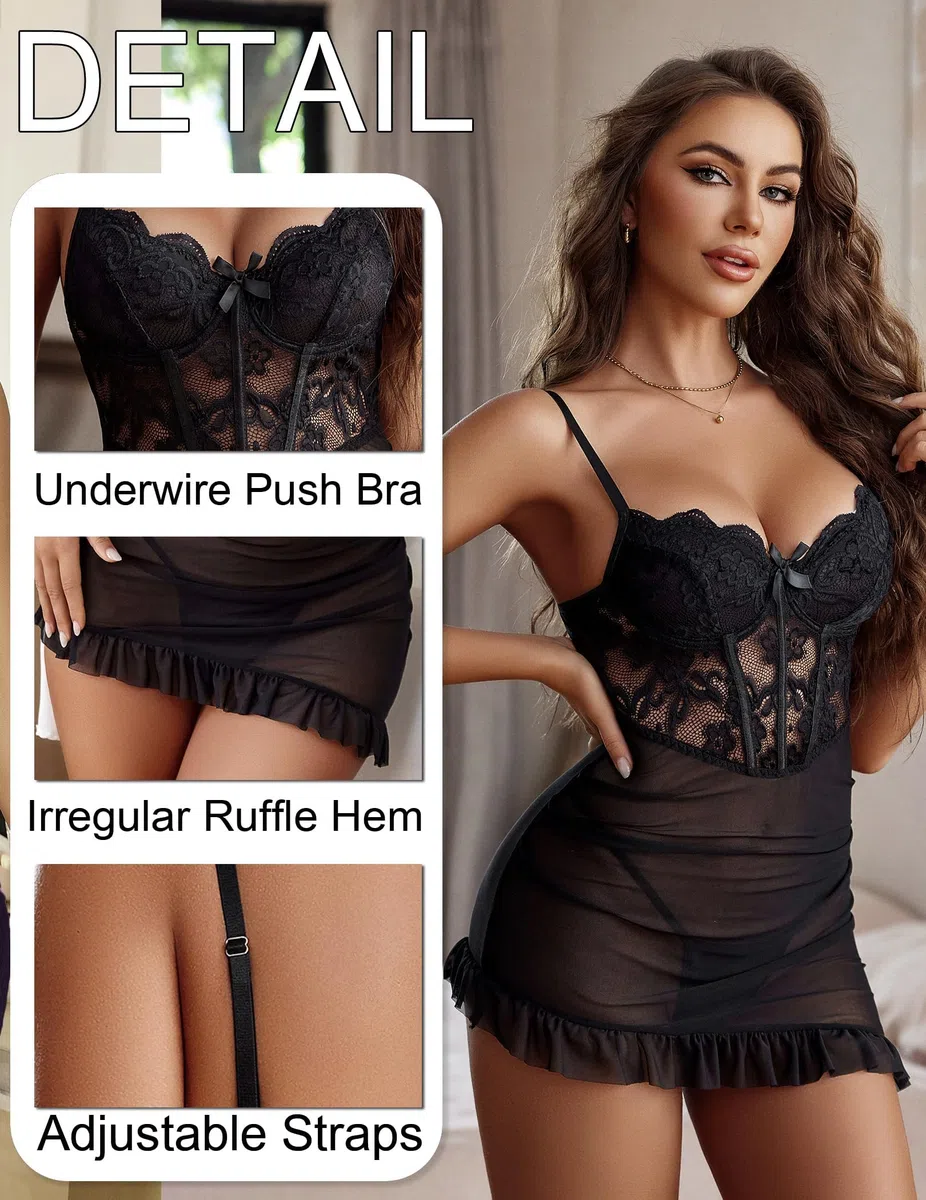 Avidlove Vestido Corto De Encaje Para Mujer Lencería Sexy Con Aros Camisón De Malla Con Cordón Babydoll Plisado Dobladillo Con Volantes Lencería Push-Up Traje Rave