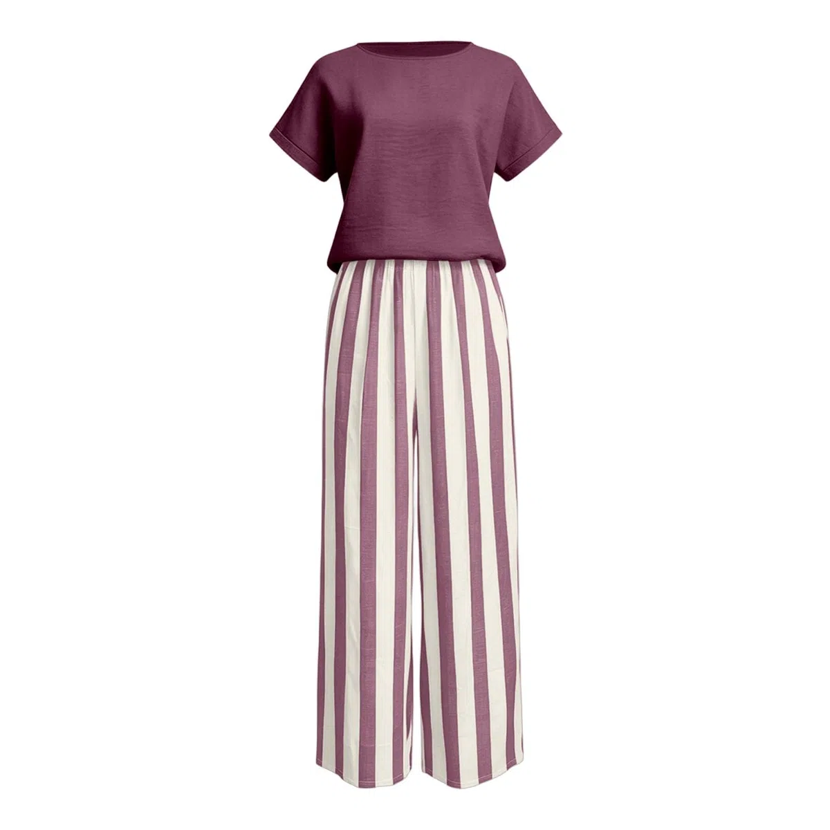 Generisch Traje de ocio para mujer de dos piezas de algodón y lino, juego de 2 piezas, cuello redondo, manga corta, parte superior con pantalones de cintura alta, elegante, cómodo, transpirable, traje
