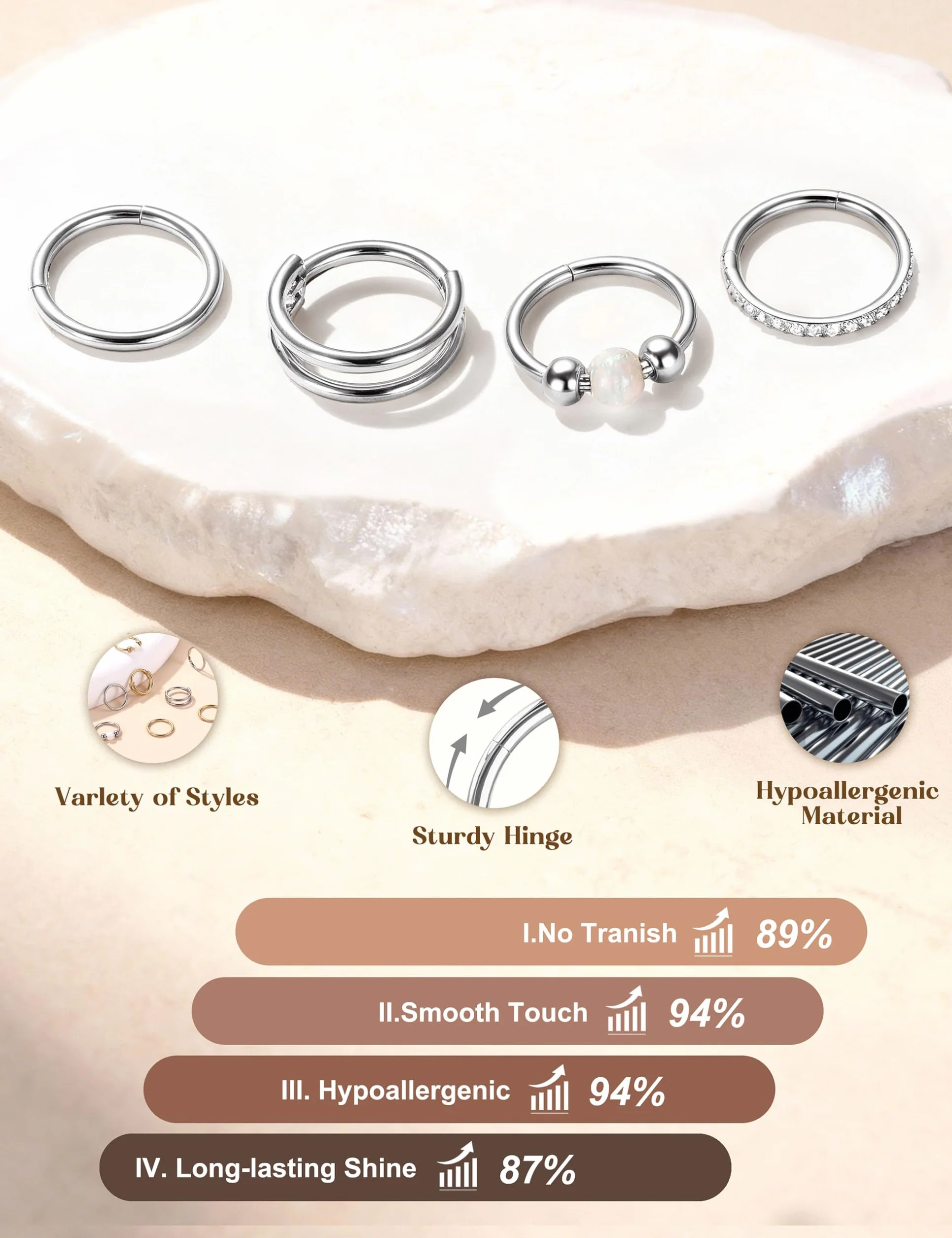 Piercing Nariz Aro Acero Quirurgico Para Mujer Hombre,HipoalergéNico Clicker Piercing Oreja Helix Tragus Septum Daith CartíLago 16/18/20G,Hinged Segmento Pendientes Aro Acero Inoxidable 6mm/8mm/10mm