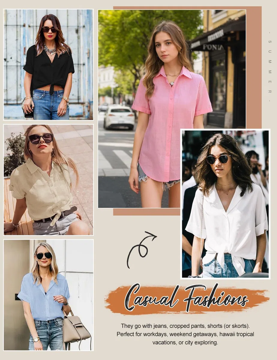 UMIPUBO Mujer Camisa Verano Manga Corta Basicas Blusas Elegantes Algodon Cuello V Polo Camisetas con Botón Trabajo Moda Casual Shirt Suelta y Versátil Color Sólido Tops