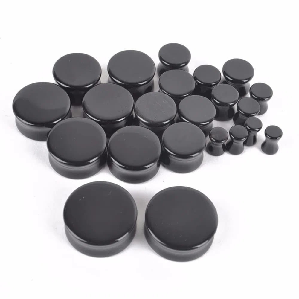2 pares de dilatadores de oreja de piedra orgánica de ojo de gato y ónix negro, expansores de túnel, dilatadores de doble acampanado para el cuerpo