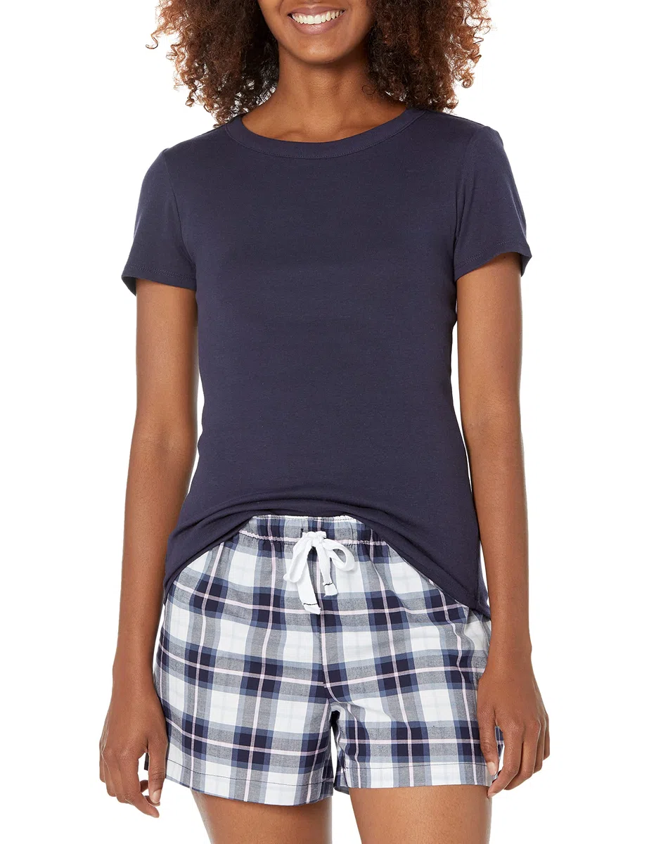 Amazon Essentials Mujer Conjunto de Camisetas para Dormir y Pantalón Corto de Popelín