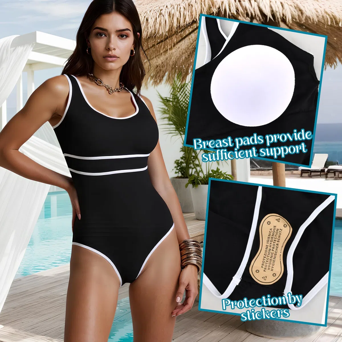 Traje de Baño para Mujer, Traje de Baño de Una Deportivo Monokini, Sexy Push Up Monokini de Rayas Swimwear Beachwear para Playa Piscina Vacaciones