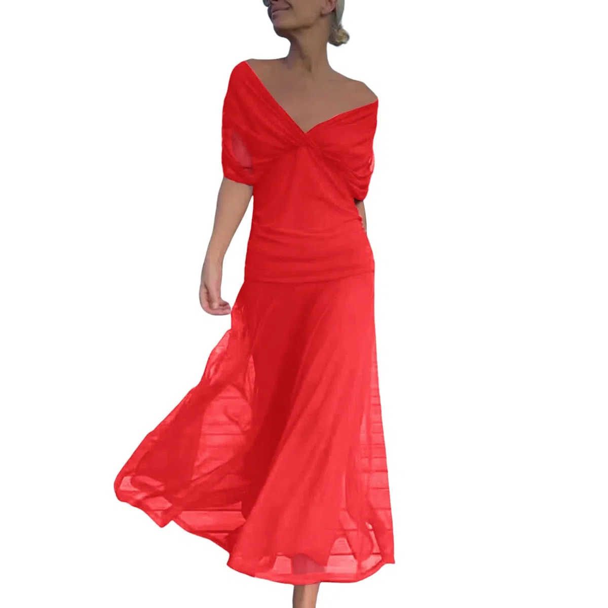 Vestido largo de gasa con hombros descubiertos para mujer, cuello en V profundo, manga corta, cintura fruncida, fluido, elegante, para fiesta de noche, cóctel, formal, vestido de invitada de boda