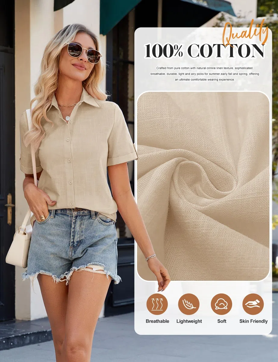 UMIPUBO Mujer Camisa Verano Manga Corta Basicas Blusas Elegantes Algodon Cuello V Polo Camisetas con Botón Trabajo Moda Casual Shirt Suelta y Versátil Color Sólido Tops