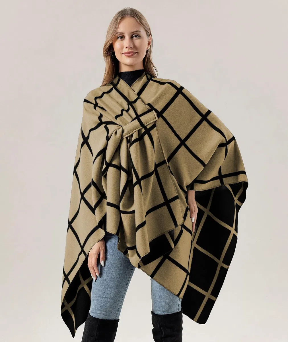 Poncho Abierto Punto Mujer Elegante Capa Grande Invierno Chal Cardigan Tartán Patrón Bufanda Manta Caliente