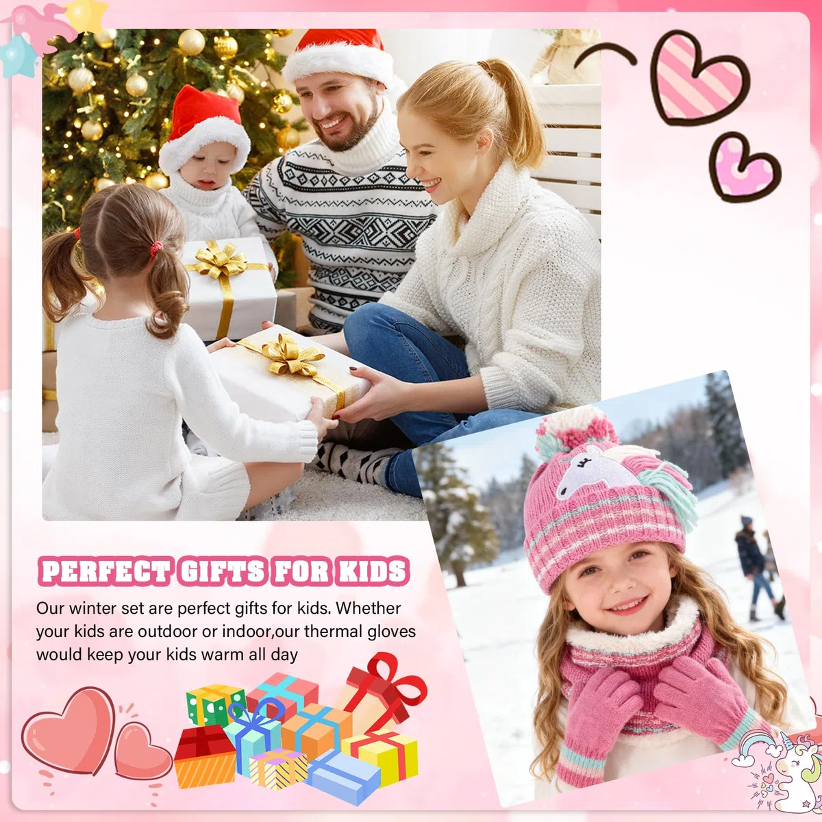 QKURT Conjunto de gorro y bufanda de invierno para niños, suave y cómodo gorro de punto, calentador de cuello, gorro de bola esponjoso, forro polar suave, manoplas para niños de 3 a 8 años