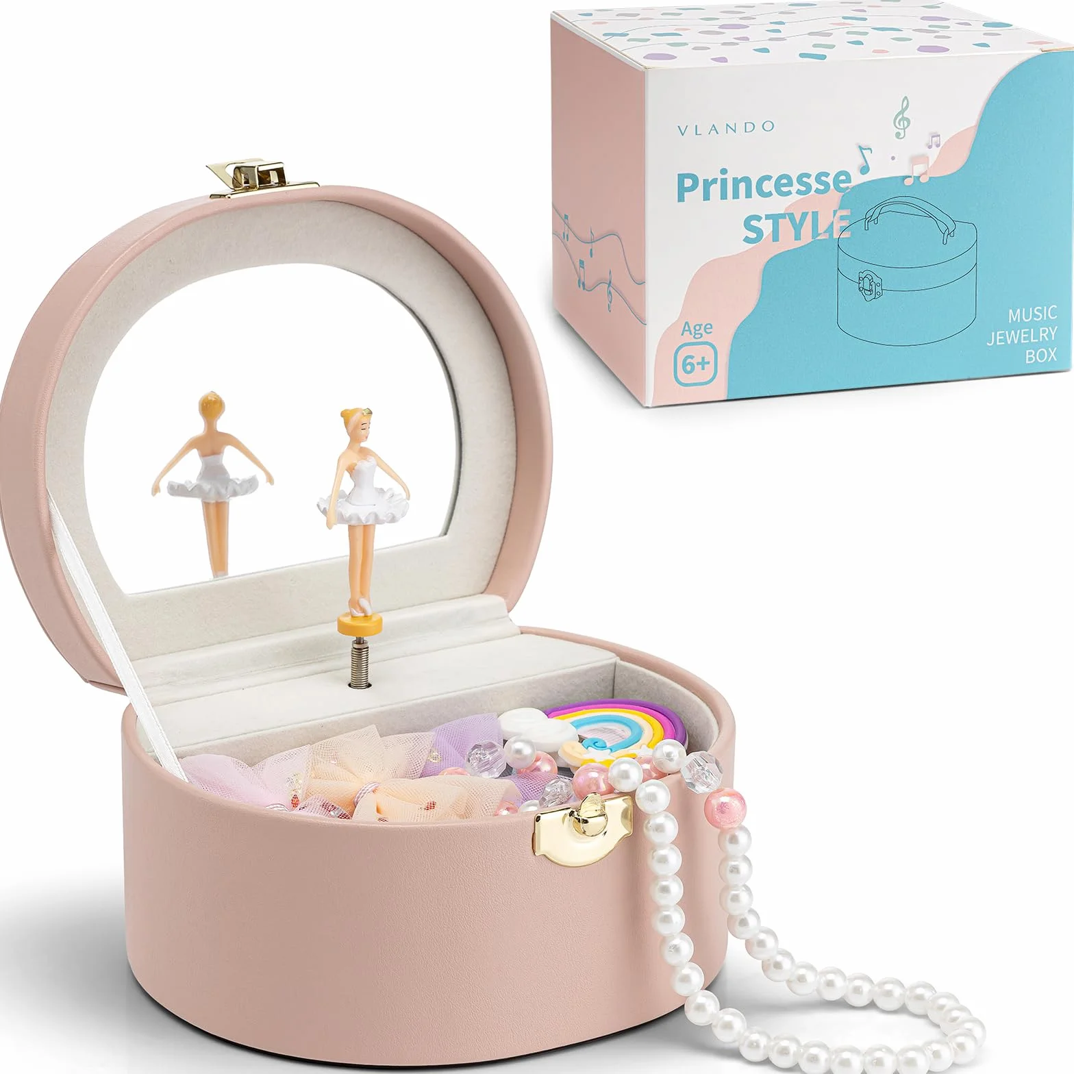 VLANDO Joyero para niña con caja de música, joyero para niños con bailarina giratoria y espejo, juguete regalo para 4 y 5 años para niñas, joyero de piel con pegatinas DIY