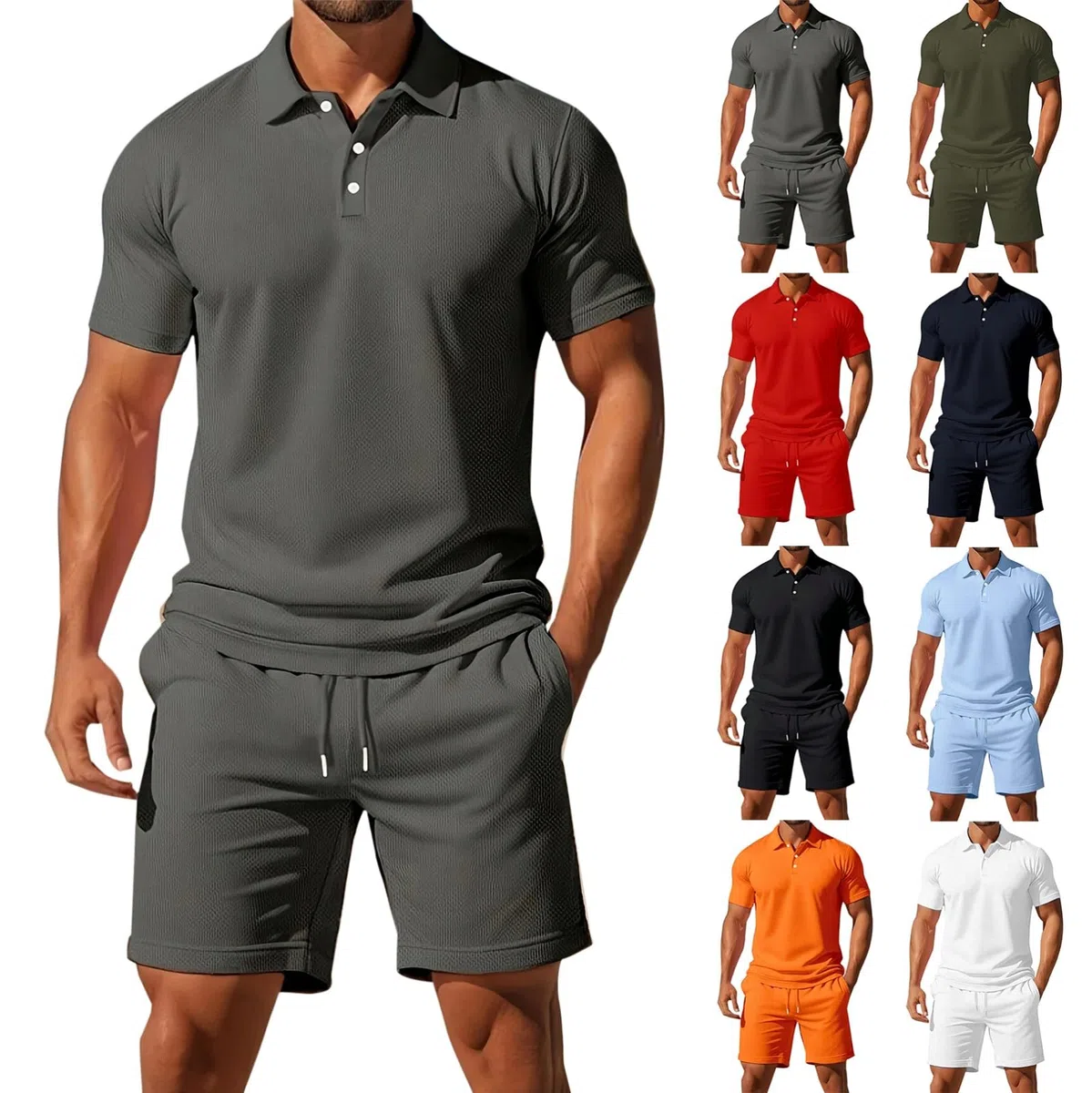 Conjunto de 2 piezas de polo y pantalones cortos para hombre, ropa deportiva de verano con botones sólidos, transpirables, conjuntos de camisas y pantalones cortos a la moda, casual, traje de gimnasio