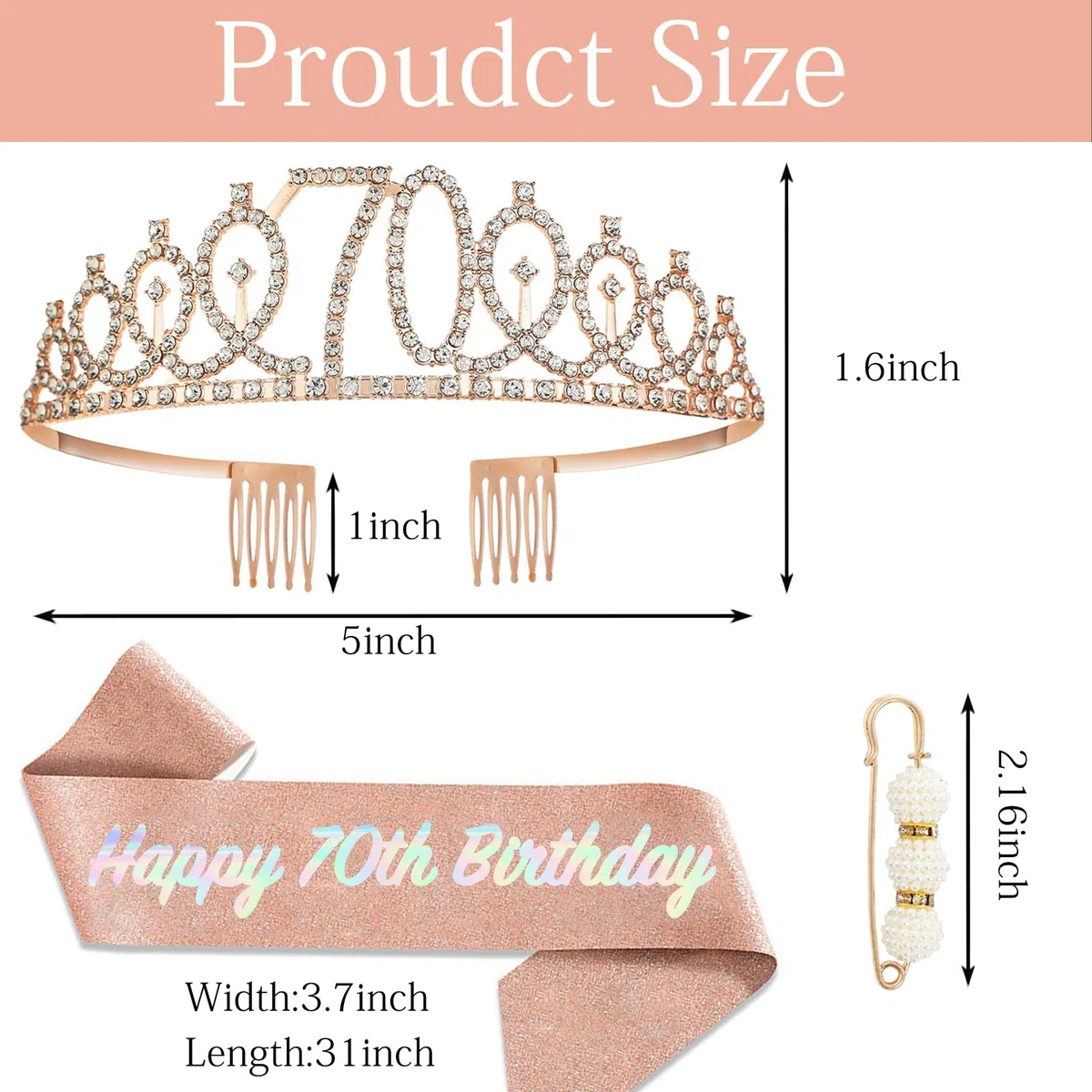 POPOYU Banda y Tiara de Reina de 70 Cumpleaños, Corona y Banda de Oro Rosa de 70 Cumpleaños para Ella, Decoraciones de Fiesta de 70 Cumpleaños para Mujeres, Accesorios de Fiesta, Conjunto de Disfraz