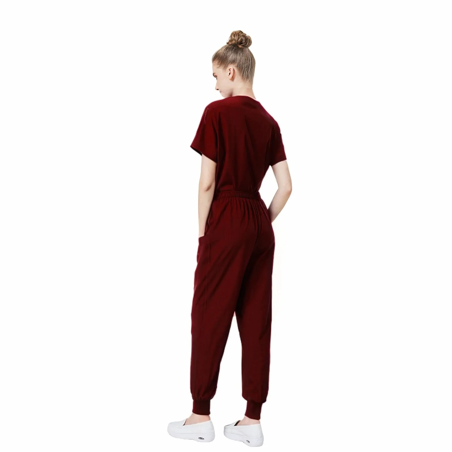 Médico Uniforme Conjunto de manga corta con cuello en V Top con pantalones cónicos Elástico Sudor Absorbente Suave Lavado a mano Estética Médica DK06