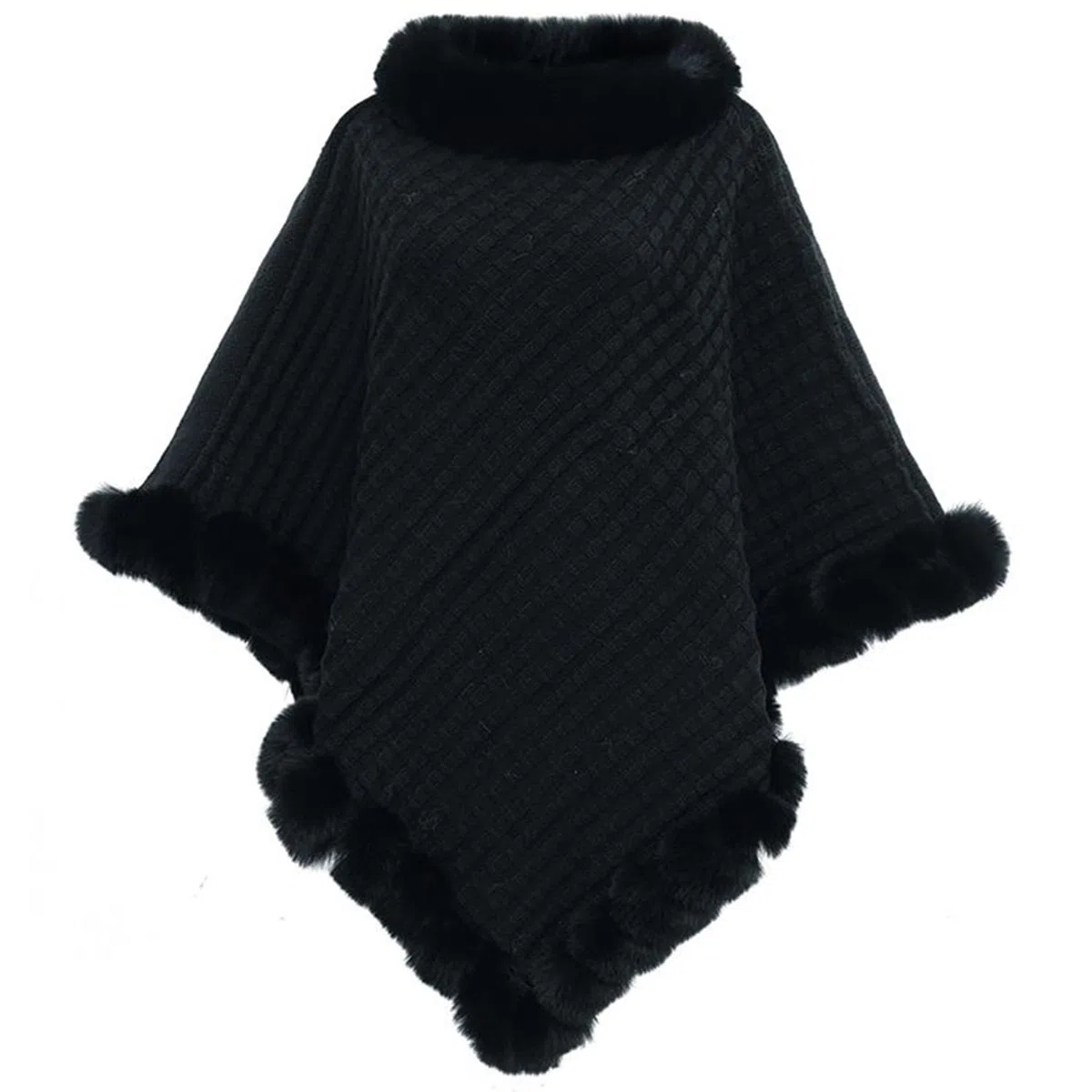 Poncho de Punto para Mujer Capa Invierno Térmica con Piel Sintética Cálido Elegante Chal con Cuello Redondo