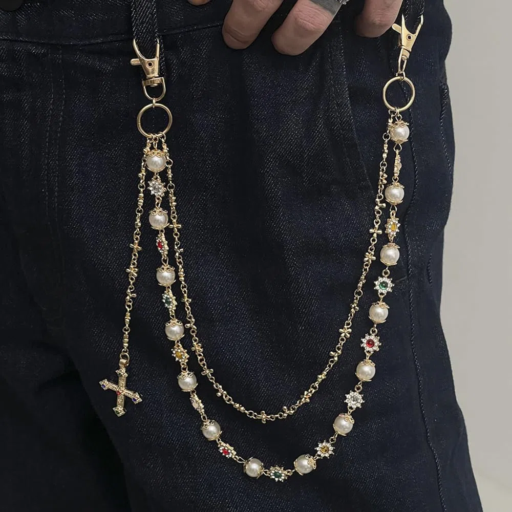 Cadena Pantalón Perlas Elegante Moda Urbana Con Colgante Cruz Accesorio Jeans Mujer Joyería Streetwear (dorado 01728)