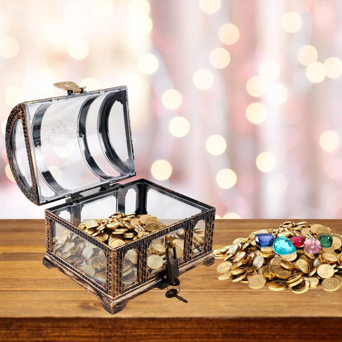 BORDEAG Cofre Del Tesoro Pequeño De Plástico Vintage Transparente Con Candado Y Llave Para Fiesta Pirata Cumpleaños Regalo