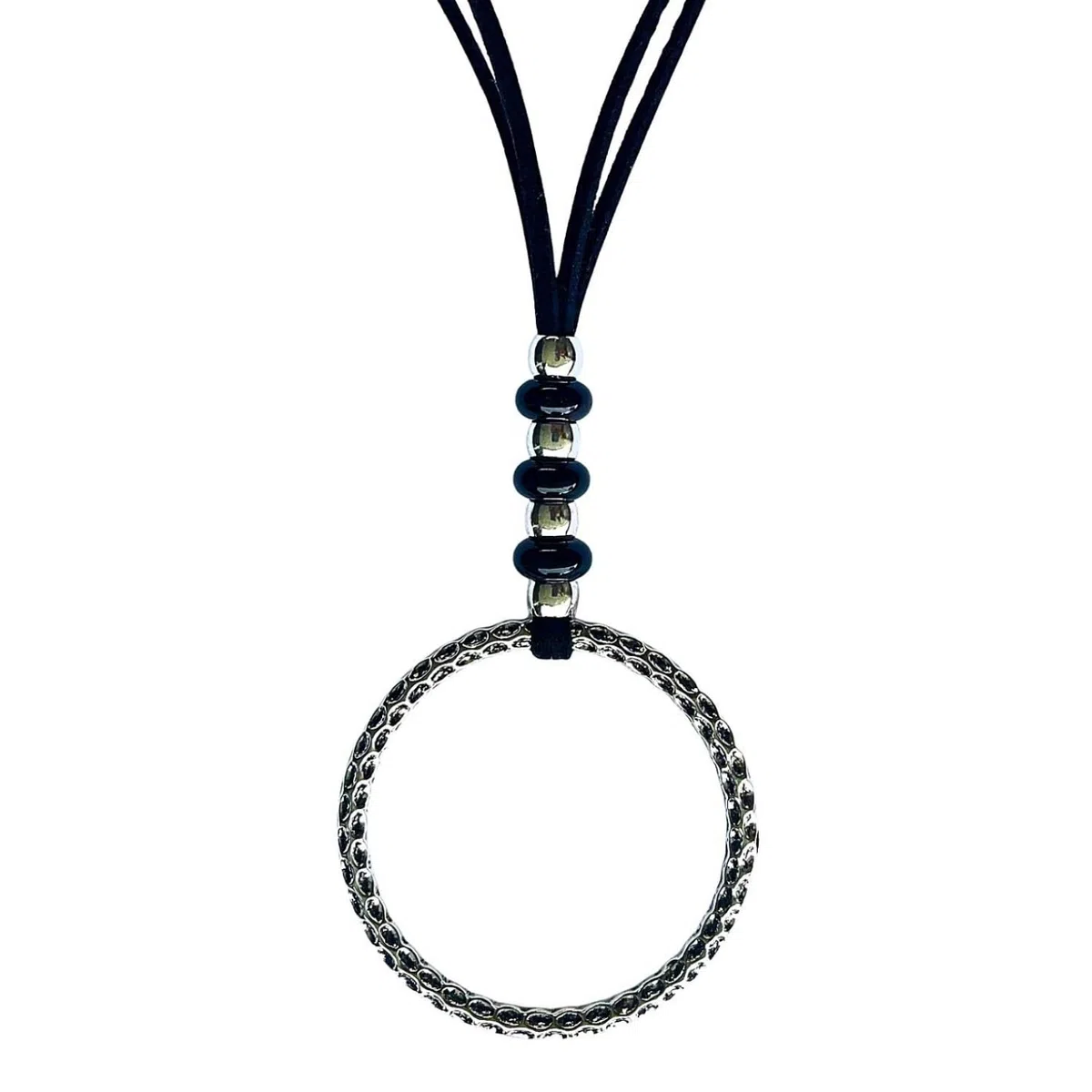 ASTER ALHELÍ – Colgante Mujer Plateado con Piedras Ágatas Negras – Collar Largo Ajustable con Antelina Negra – Accesorio Artesanal con Significado – Ideal para Regalo Original