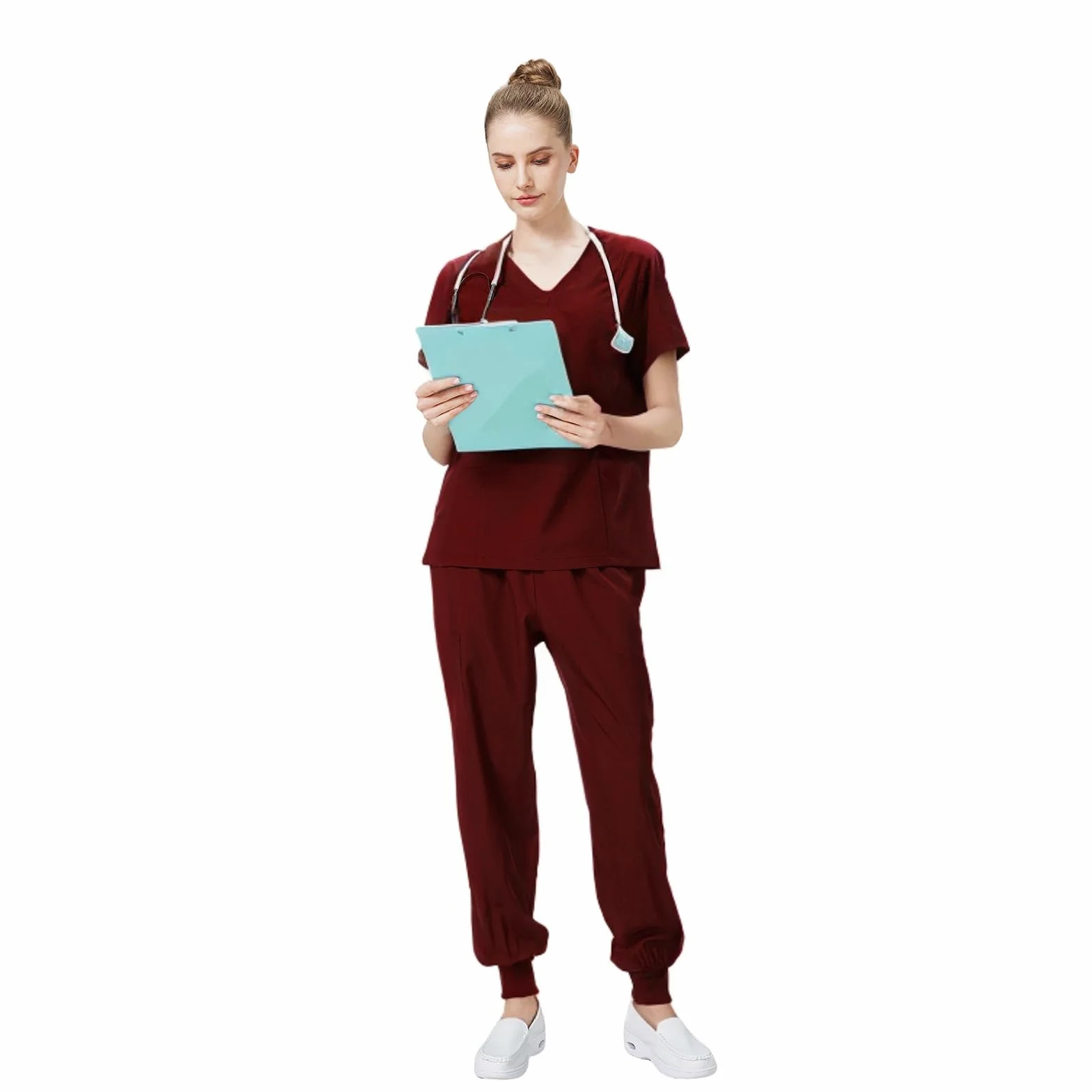 Médico Uniforme Conjunto de manga corta con cuello en V Top con pantalones cónicos Elástico Sudor Absorbente Suave Lavado a mano Estética Médica DK06