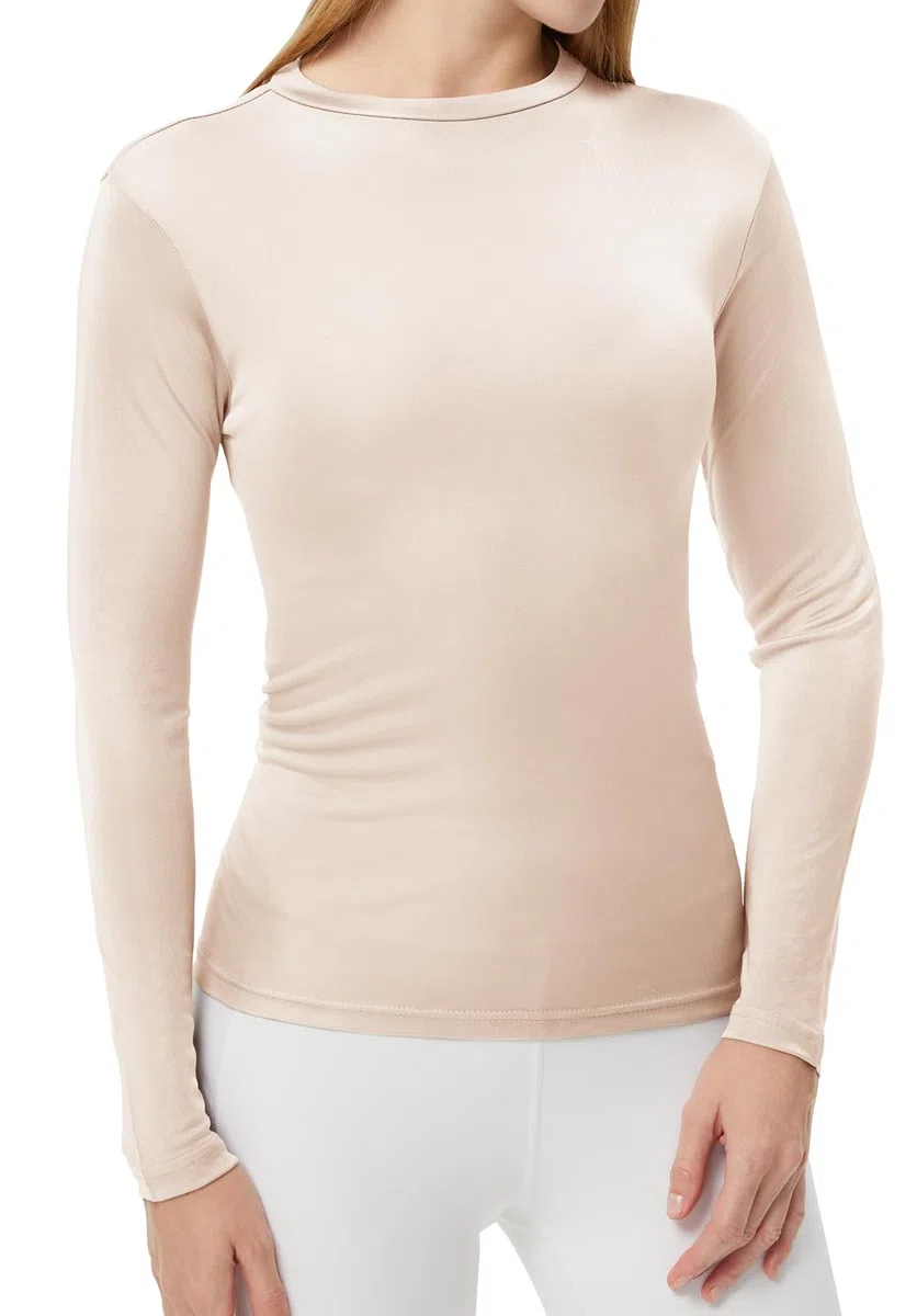 Camisetas térmicas de seda de morera para mujer, ropa interior de manga larga, cuello redondo, capa base de seda, blusa sin botones