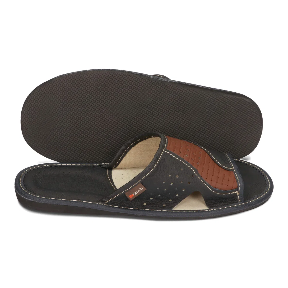 BeComfy Zapatillas de Casa para Hombres 100% Cuero Genuino Zapatillas de Verano Puntera Abierta 40-46 EU