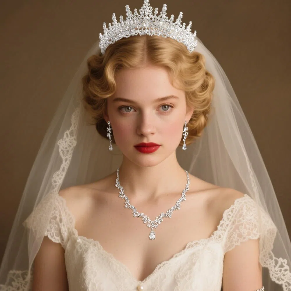 Elegante Set de Joyería de Novia de 3 Piezas con Corona Brillante Collar en V y Pendientes de Gota Joyería de Lujo para Bodas y Ocasiones Especiales