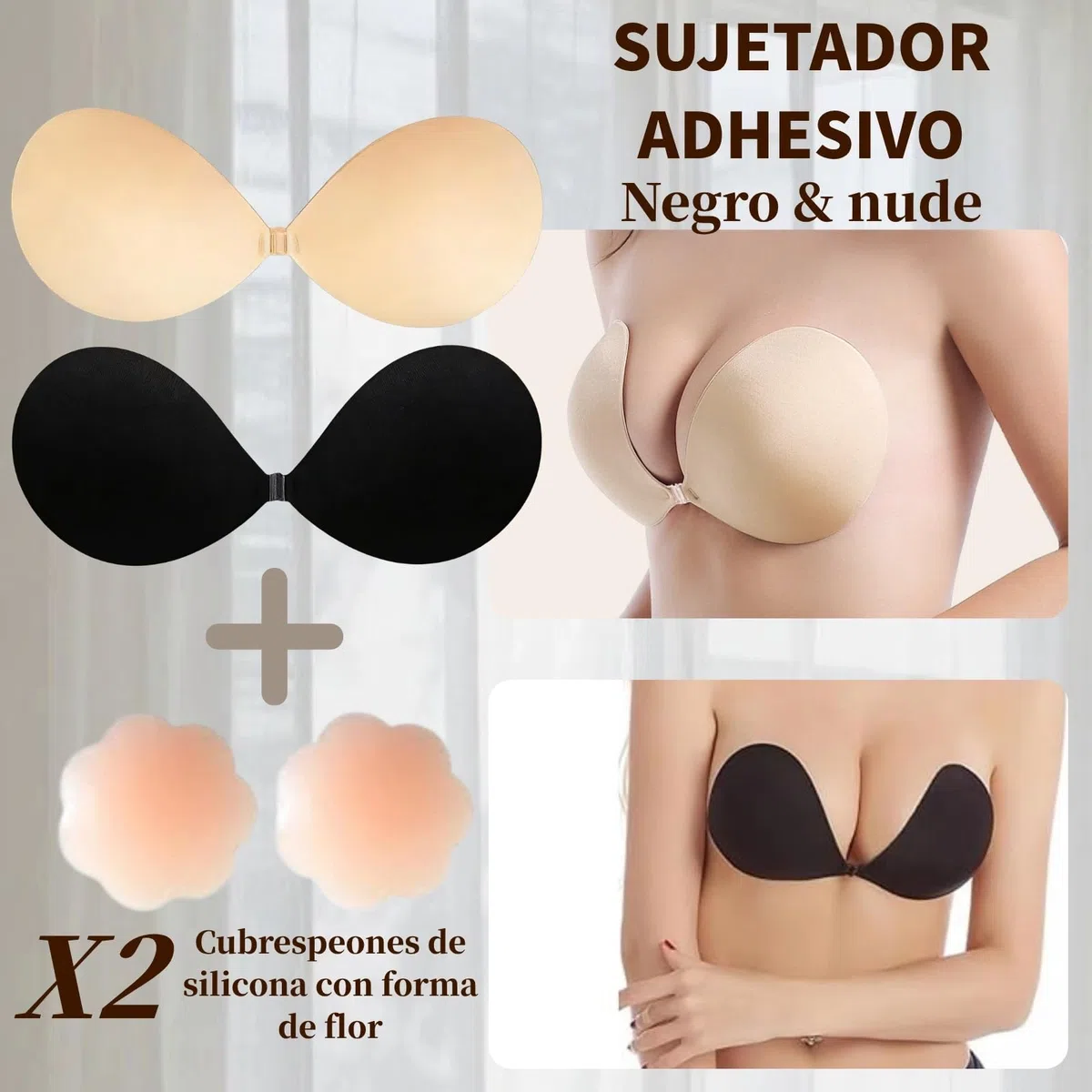Dresmannst Sujetador Push Up sin Tirantes con 4 Pezoneras Adhesivas Invisibles para Espalda Descubierta Invisible Adhesivo Sticky Bra al Aire Pecho, Fácil de Limpiar, Discreto y Cómodo