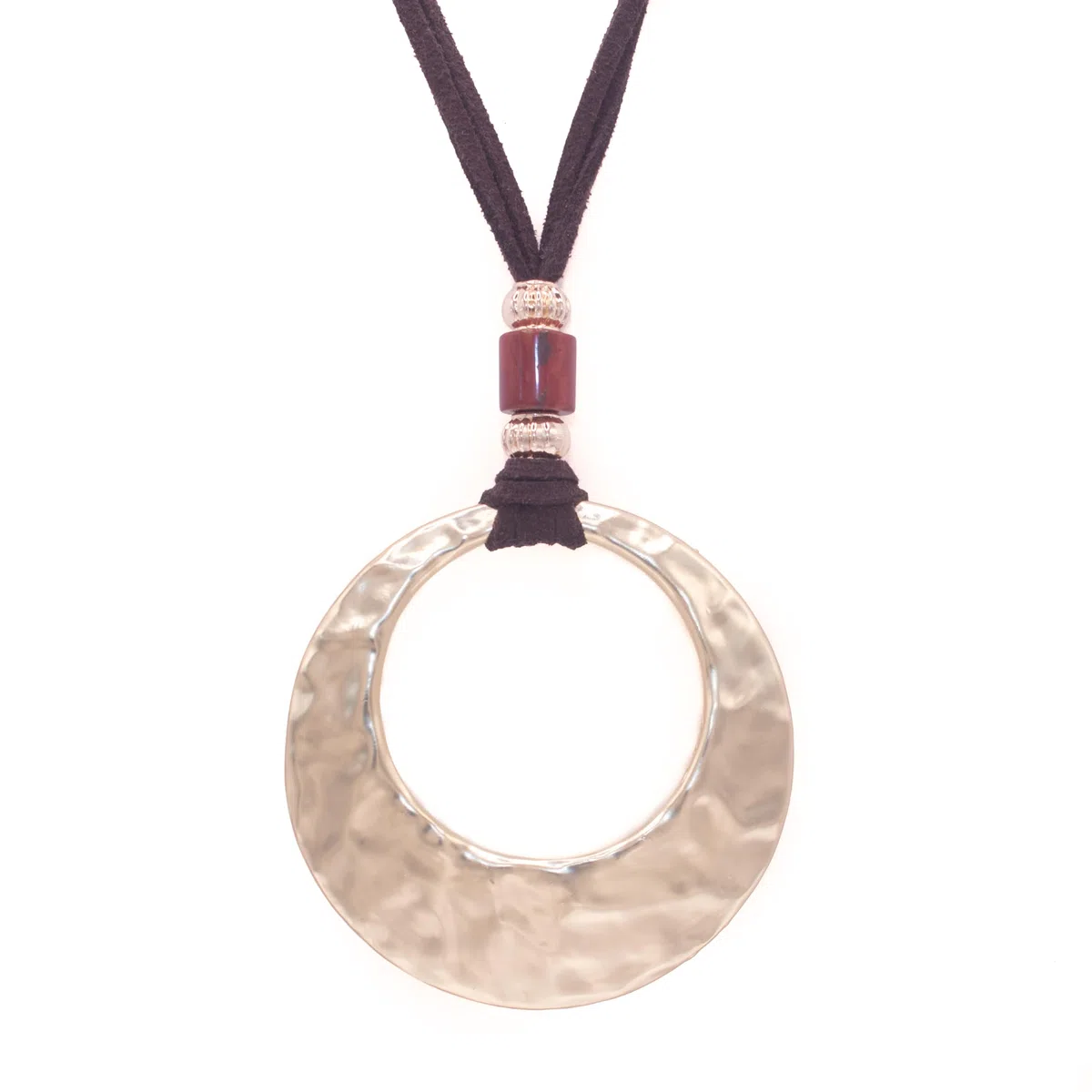 NILUXE DESIGN- Colgante Mujer Aro Grande Dorado y Piedra Natural Jaspe Rojo- Ajustable Cadena de Antelina Marrón - Colgante Handmade Estilo Boho Chic- Collar Largo Mujer